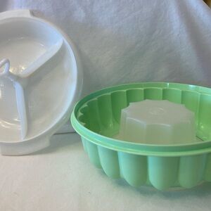 Tupperware Suzette Divided Relish Dish and Mint Green and White Jello Mold.